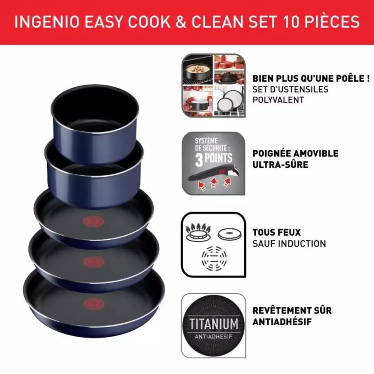 TEFAL Ingenio Easy Cook N Clean Batterie de cuisine 10 pieces